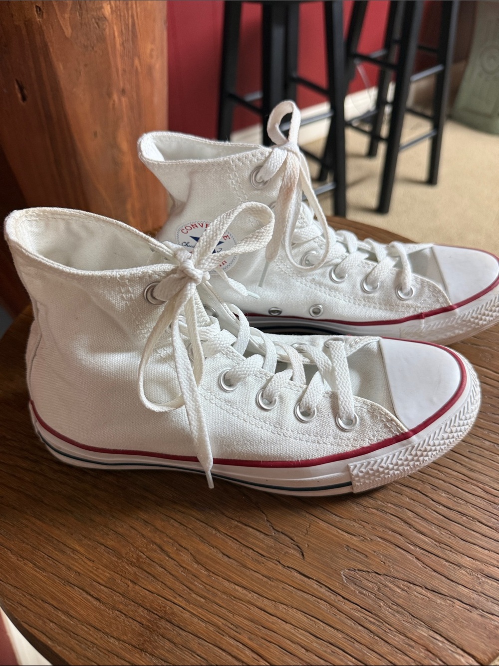 Converse High Top Canvas Sneakers in White with Red Stripe